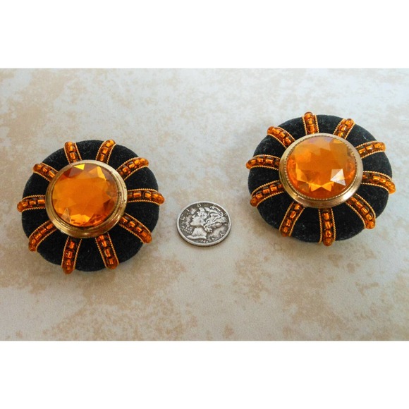 Vintage Black Velvet Clip On Earrings , Large Pink Rhinestone - Picture 3 of 7